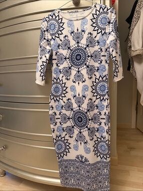 Women's Blue & White Printed Midi Dress